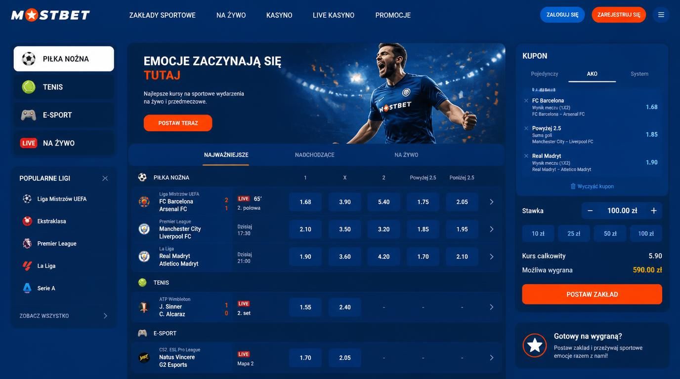 Ekran zakładów sportowych Mostbet z widokiem oferty live i popularnych dyscyplin sportowych