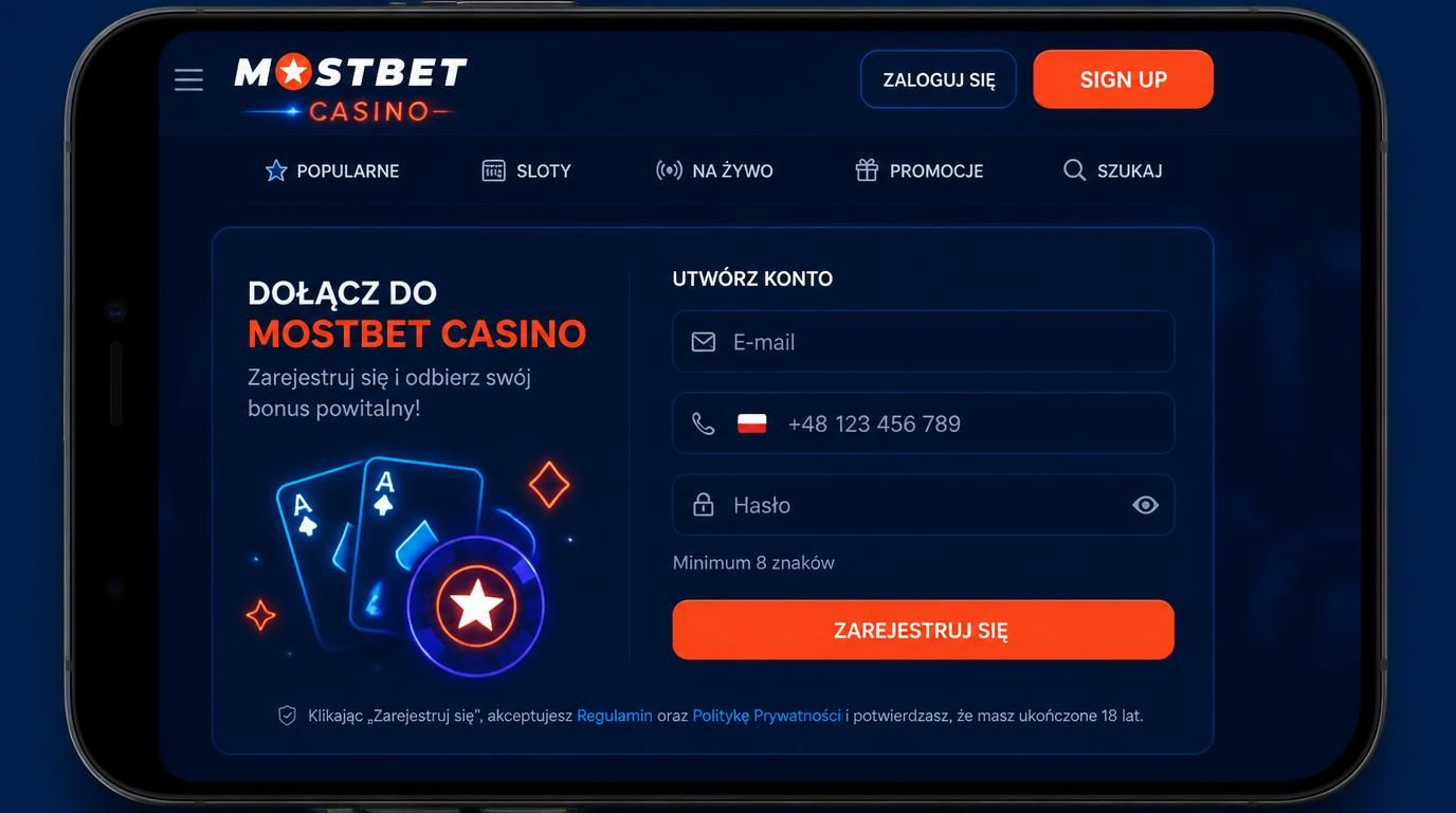 formularz rejestracji Mostbet na ekranie smartfona z przyciskiem Sign Up