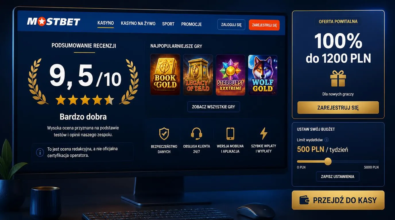 Panel kasyna online z oceną 9,5/10, ofertą 100% do 1200 PLN i przyciskiem przejścia do kasy