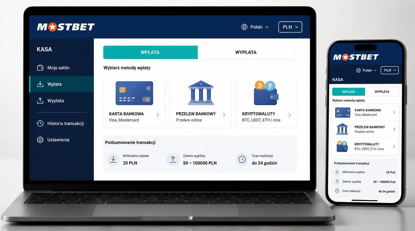 Panel kasjera online z płatnością kartą, przelewem, kryptowalutami i saldem w PLN