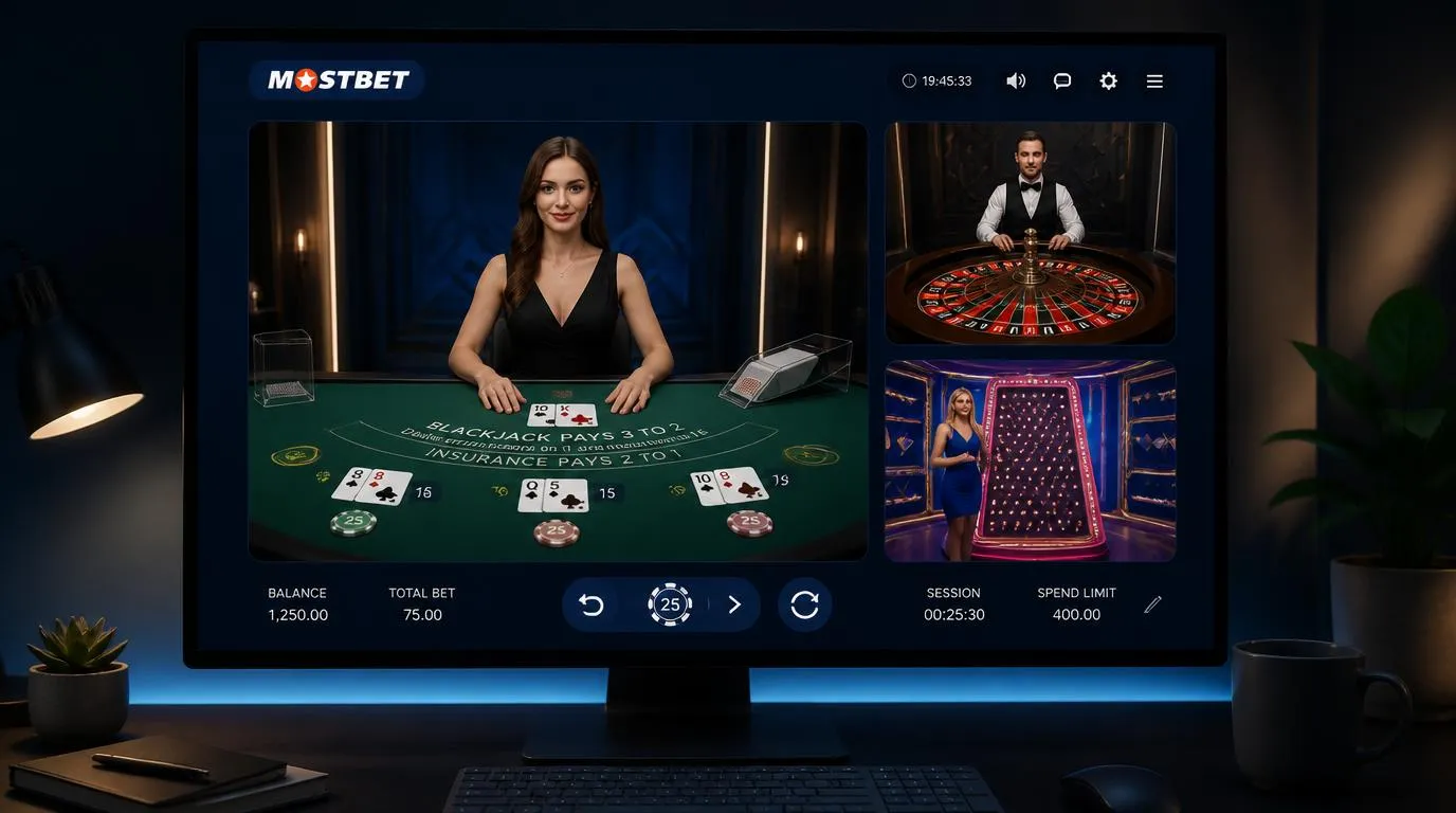 Ekran kasyna online z krupierką przy stole blackjacka oraz podglądem ruletki i teleturnieju na żywo