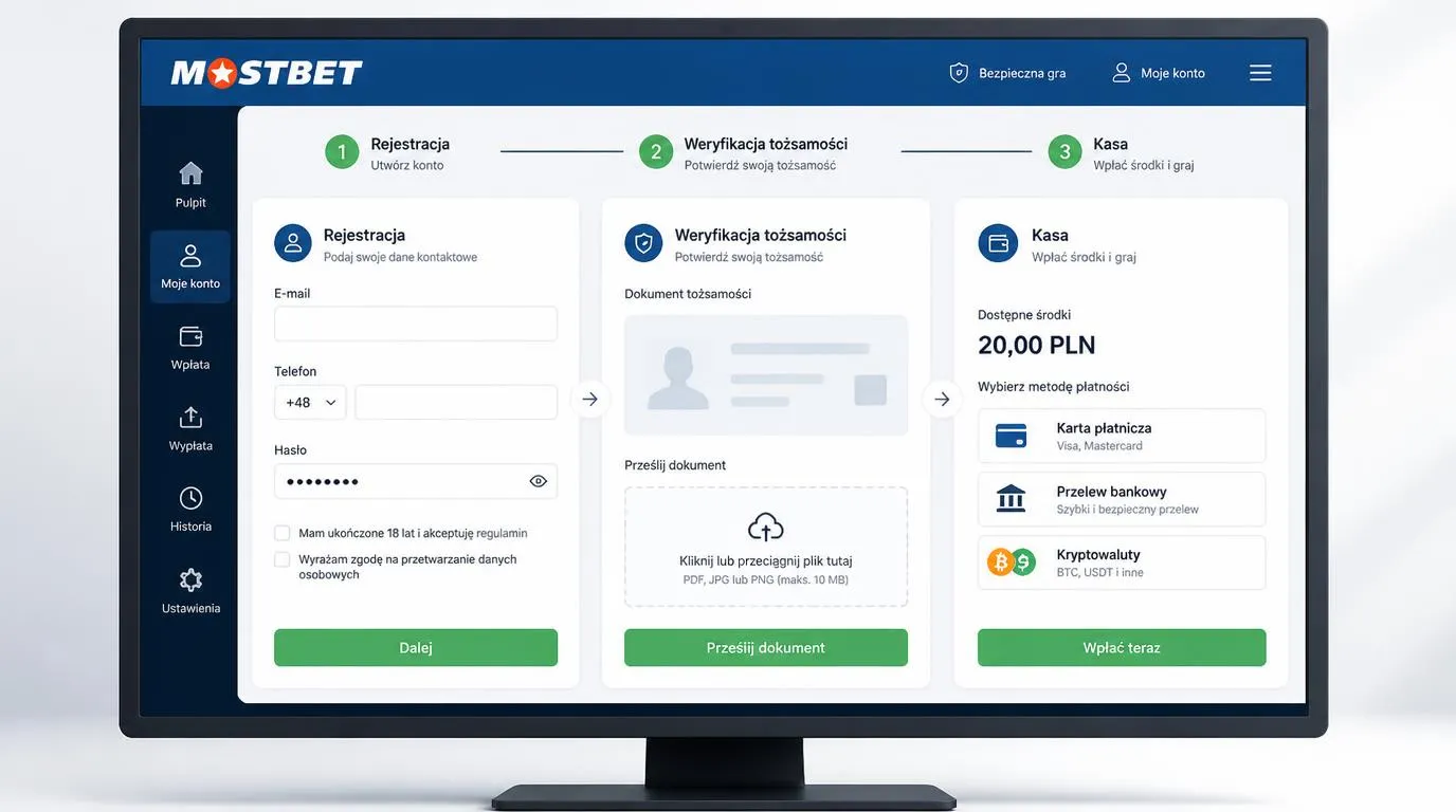 Panel konta kasyna online z formularzem rejestracji, weryfikacją tożsamości i wpłatą 20 PLN